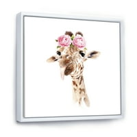 DesignArt 'Портрет на жирафа со розови цвеќиња, врамени платно од платно, печатење на wallидови