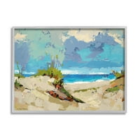 Современа морска плажа сцена во пејзаж слика сива врамена уметничка печатена wallидна уметност