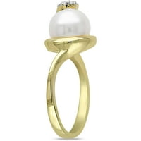 Бела рунда култивиран слатководен бисер и дијамантски жолт родиум-позлатен стерлинг сребрен прстен