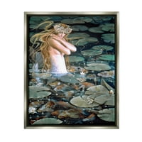 Sumpell Industries сирена пливање меѓу лилјаните во вода, Koi Pond Sainting Luster Grey Floating Framed Canvas