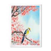Прекрасна црвена птица што седи на цветни гранки, јас го врамив сликарското платно уметничко печатење