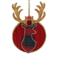Црвен кариран елени силуета тркалезна ткаенина Божиќен украс 6 “