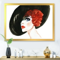 DesignArt 'Портрет на жена црвена глава дама во капа' модерен врамен уметнички принт