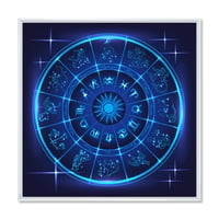 DesignArt 'Зодијациски знаци со неонски длабоки сини хороскопски круг' модерен врамен платно wallид уметност
