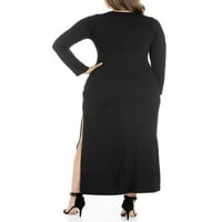 24Севечна облека за удобност плус големина со долги ракави странични отпади поставени црни макси фустан