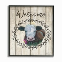 Знак за добредојде на декор на глупости, насликана крава со цвет и венец, врамена со текстуризирана уметност