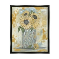 Рустикална избодена сончогледна вазна ботаничка и цветна графичка уметност џет црна врамена уметничка печатена
