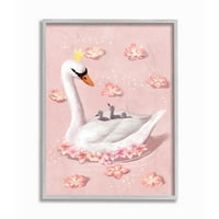Tuphell Industries Мајка лебеди кралица и пилиња на езерото цвеќиња розово врамени wallидни уметнички дизајн